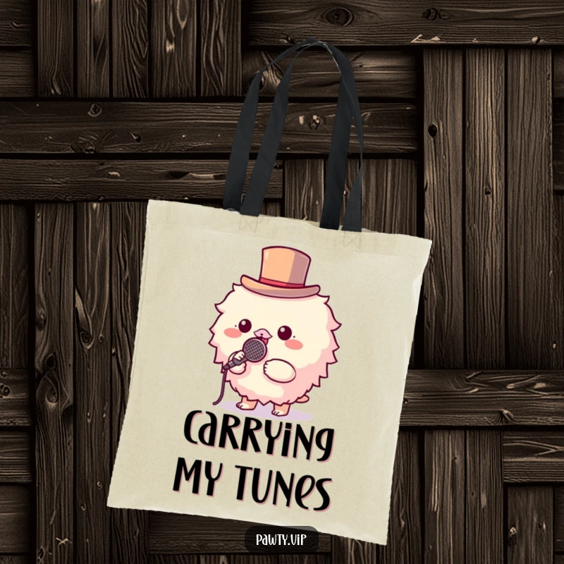 Funny tote bag with a fluffy creature in a top hat holding a microphone, ready for a performance.