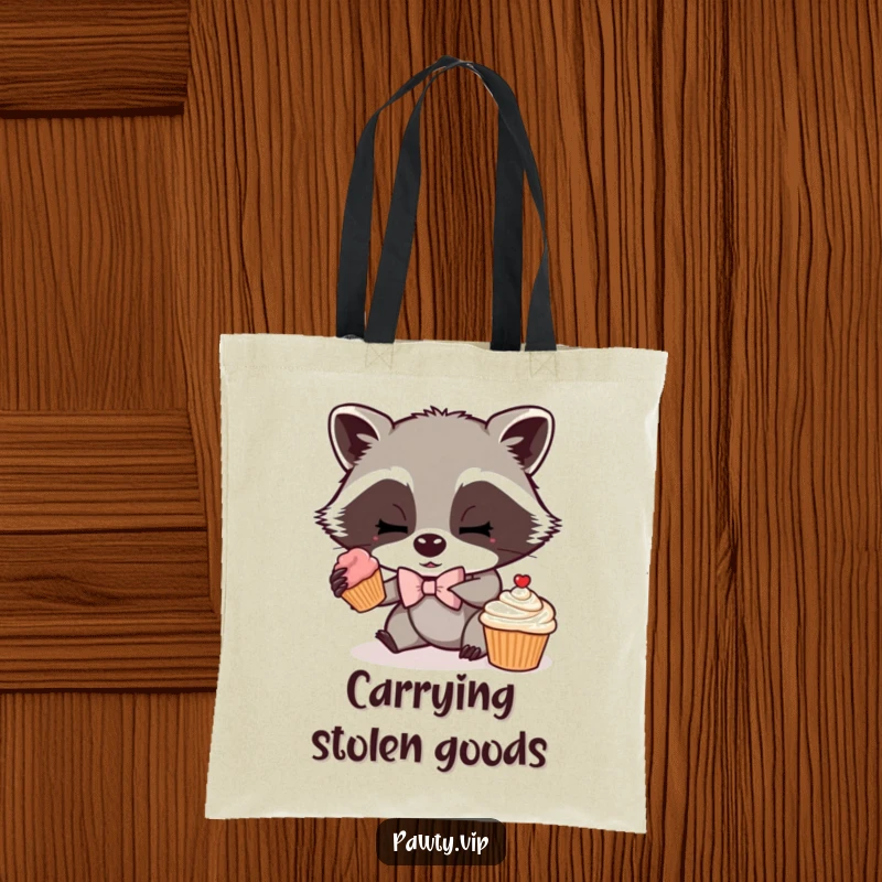 Funny tote bag showcasing a mischievous raccoon in a bow tie, slyly sneaking a cupcake, perfect for carrying goodies with a humorous twist.