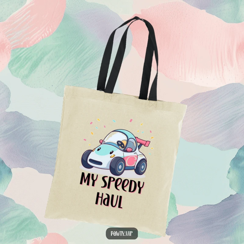 Funny race car tote bag with colorful confetti streamers, showcasing a happy vehicle, practical and celebratory.