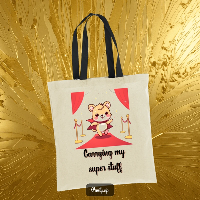 Funny tote bag showing a cheerful animal in a sparkly cape, dashing across a red carpet like a movie star.