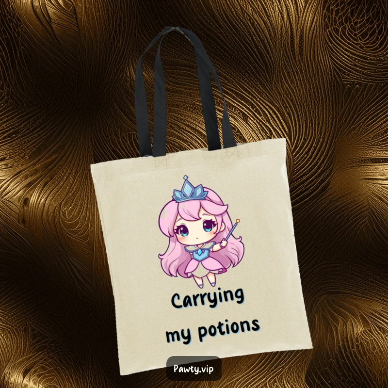 Funny tiara tote bag featuring a character wearing a sparkling tiara and waving a magic wand, perfect for daily use.