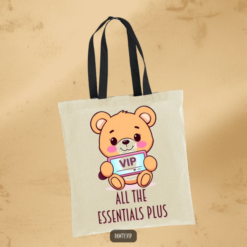 Funny Tote Bag with a smiling teddy bear character holding a glowing VIP pass, ready for any adventure.