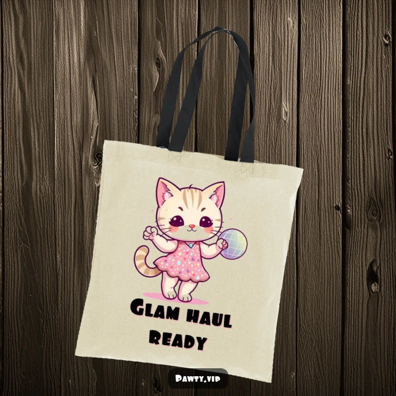 Funny cat character in a sequined dress dancing with a disco ball on a tote bag, perfect for carrying essentials with glamour.