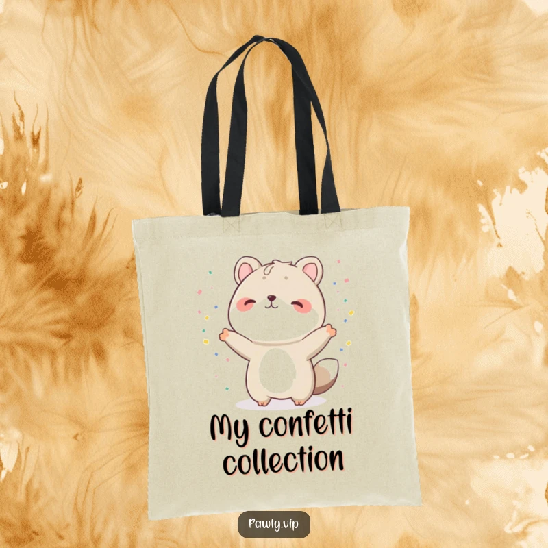 Funny animal tote bag with confetti raining down, the character is in a joyful celebratory pose, ideal for a funny shopping companion.
