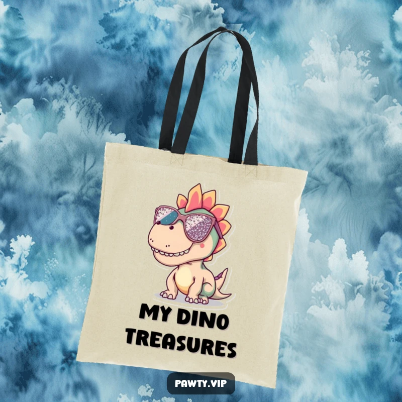 Funny dinosaur tote bag with oversized, sequined sunglasses, showcasing a cool reptile, practical and stylish.