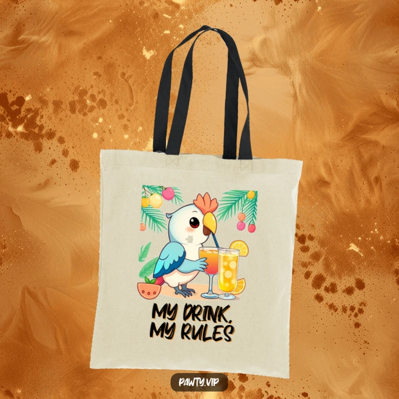Funny Kawaii parrot tote bag featuring an elegant parrot character mid-sip from a festive drink, ideal for stylish and fun errands.